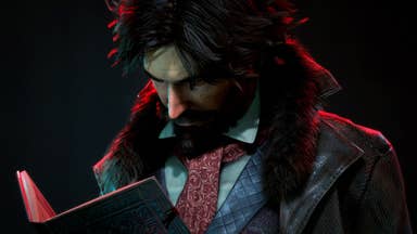 A zoomed-in screenshot from the game The Thaumaturge, showing a bearded academic-looking masculine character, in a high collared coat and tie and waistcoat underneath, peering down at a book they're holding before them.