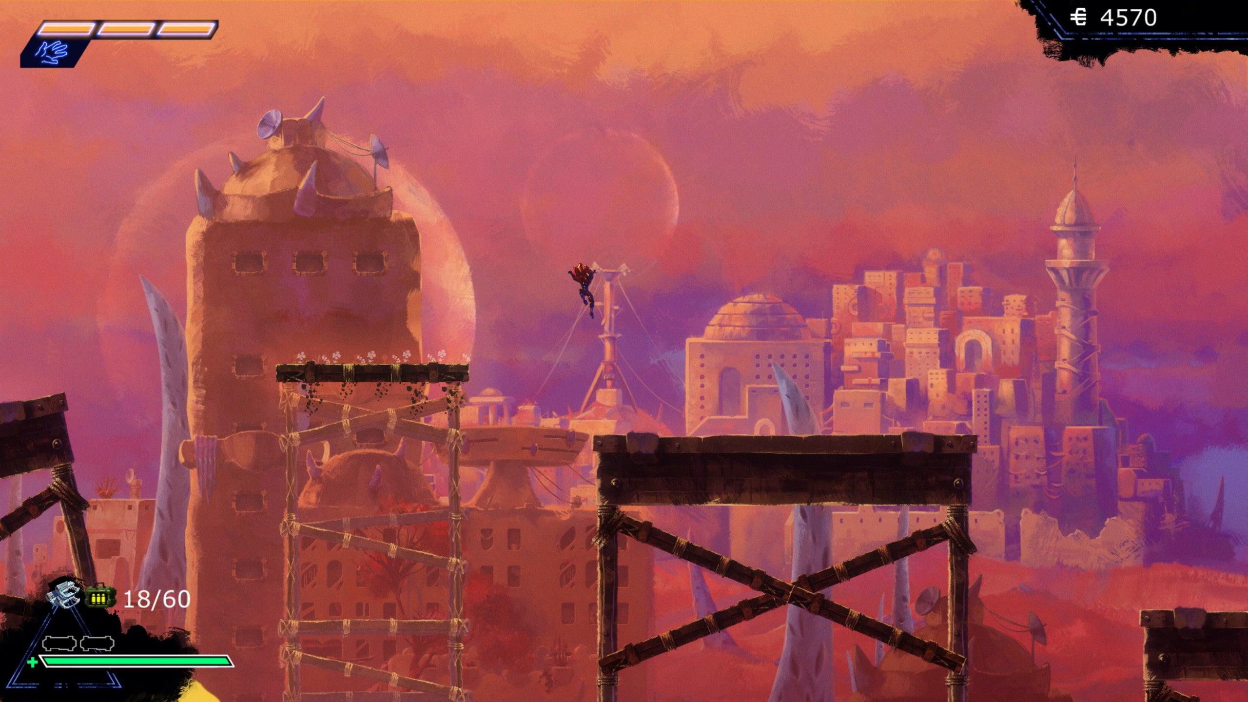 Aiden in They Always Run jumping between platforms as they collapse, with a pink lit city in the background.