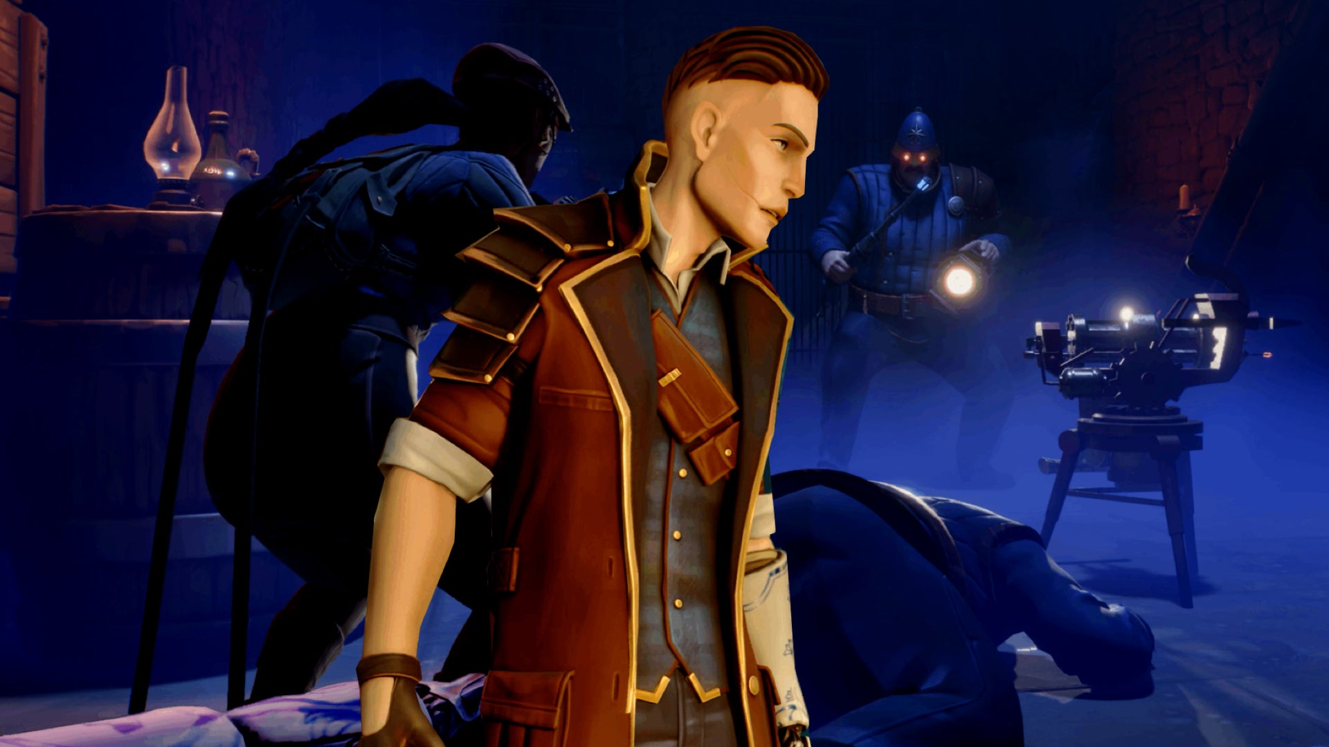 Thick as Thieves composite image showing a character superimposed over a shadowy outdoor scene of a thief confronting a guard at night.