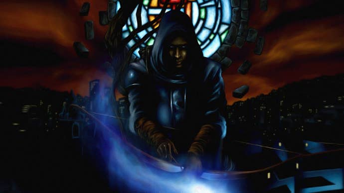 Keyart for the Thief: Gold version of the classic stealth sim game. Garrett, the titular Thief, is standing against a dark city backdrop, holding his bow with a glowing blue arrow nocked.