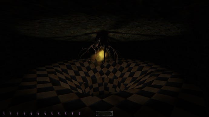 A red and white checkered floor sinking beneath an upside-down tree in Thief mod The Black Parade
