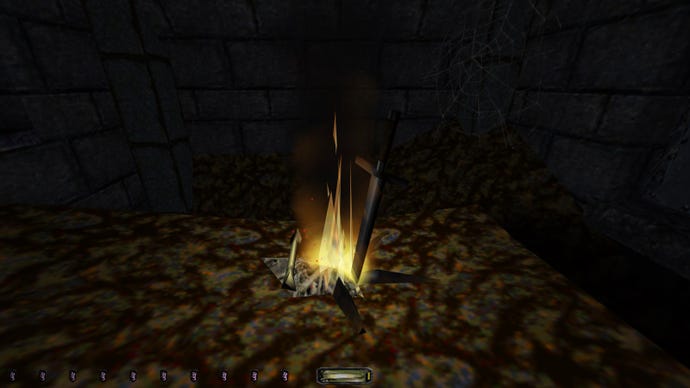 A Dark Souls-esque bonfire with sword in Thief mod The Black Parade