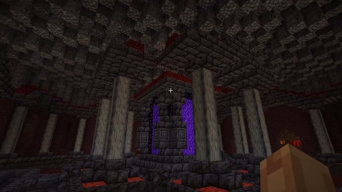 A screenshot of a Minecraft nether hub build.