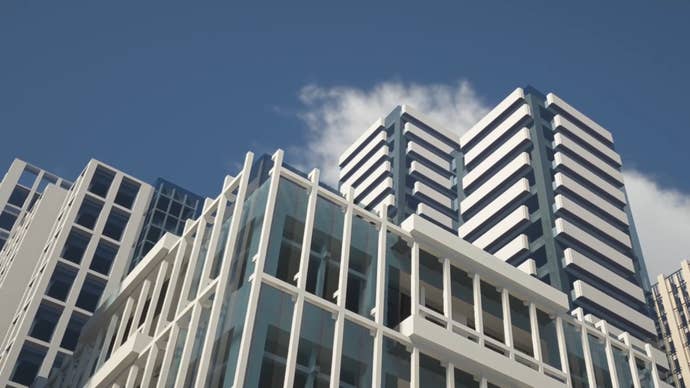 A screenshot of a Minecraft skyscraper build.