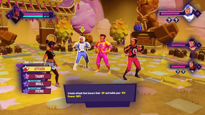 Turn-based battling a party of three in Thirsty Suitors.