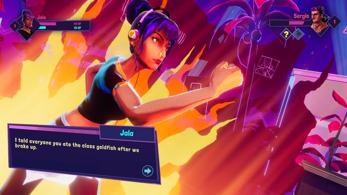 A screenshot from Thirsty Suitors that shows Jala raise her fist at an exe as she lights up in flame.