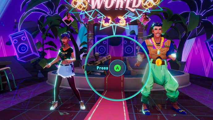 A screenshot from Thirsty Suitors that shows Jala and her exe dance in a rhythm battle.