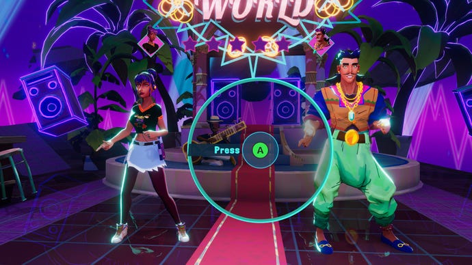 A screenshot from Thirsty Suitors that shows Jala and her exe dance in a rhythm battle.