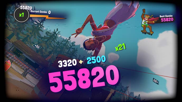 Landing a skateboarding trick in Thirsty Suitors.