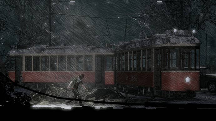 A screenshot from This War of Mine’s Forget Celebrations DLC, showing protagonist Katia walking alongside an abandoned tram as snow falls on the city at night.