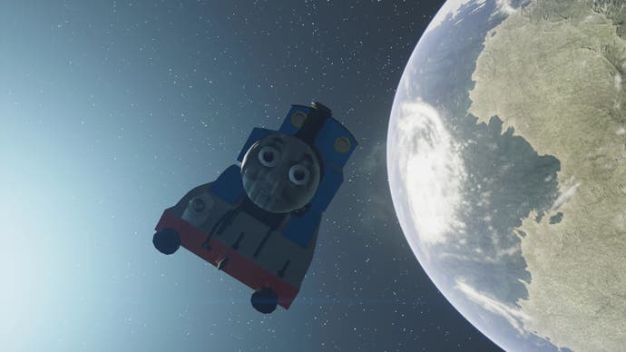 Thomas the Tank Engine flying through space in Starfield