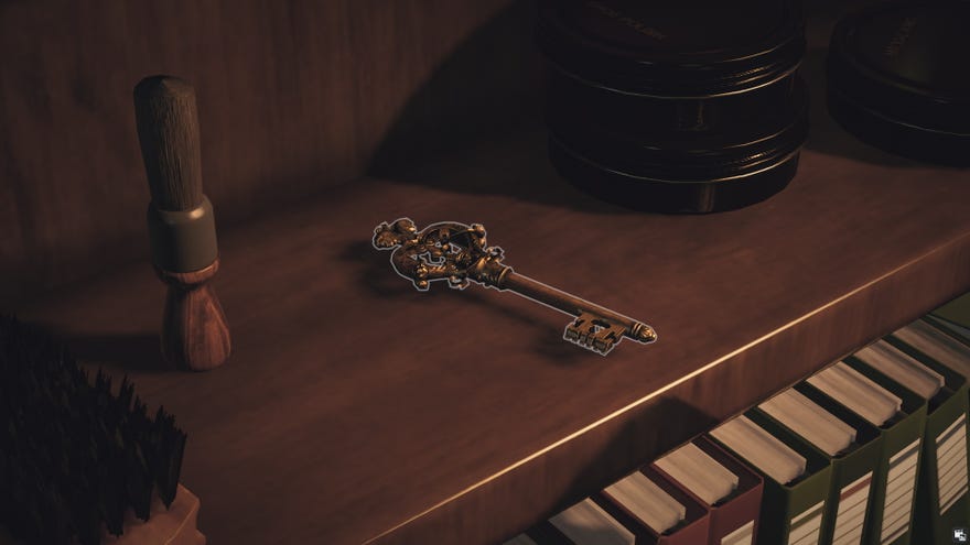 The master key sits on a shelf in Fernsby’s office, allowing you to open all the Thornbridge Manor doors.