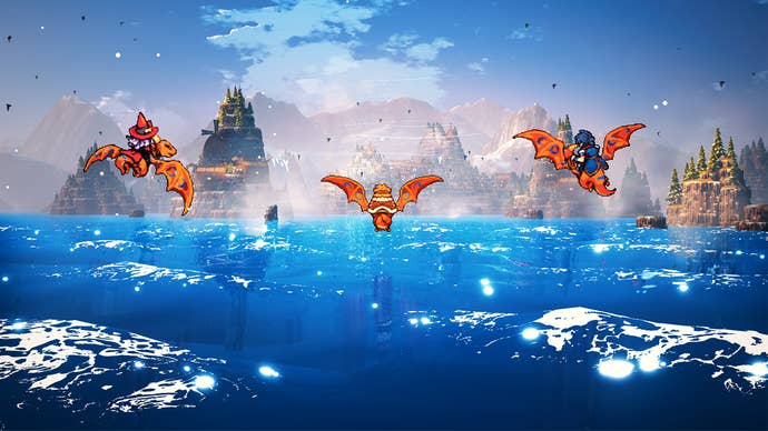 The party ride flying dinos over an ocean in RPG Threads Of Time.