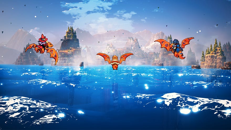 The party ride flying dinos over an ocean in RPG Threads Of Time.