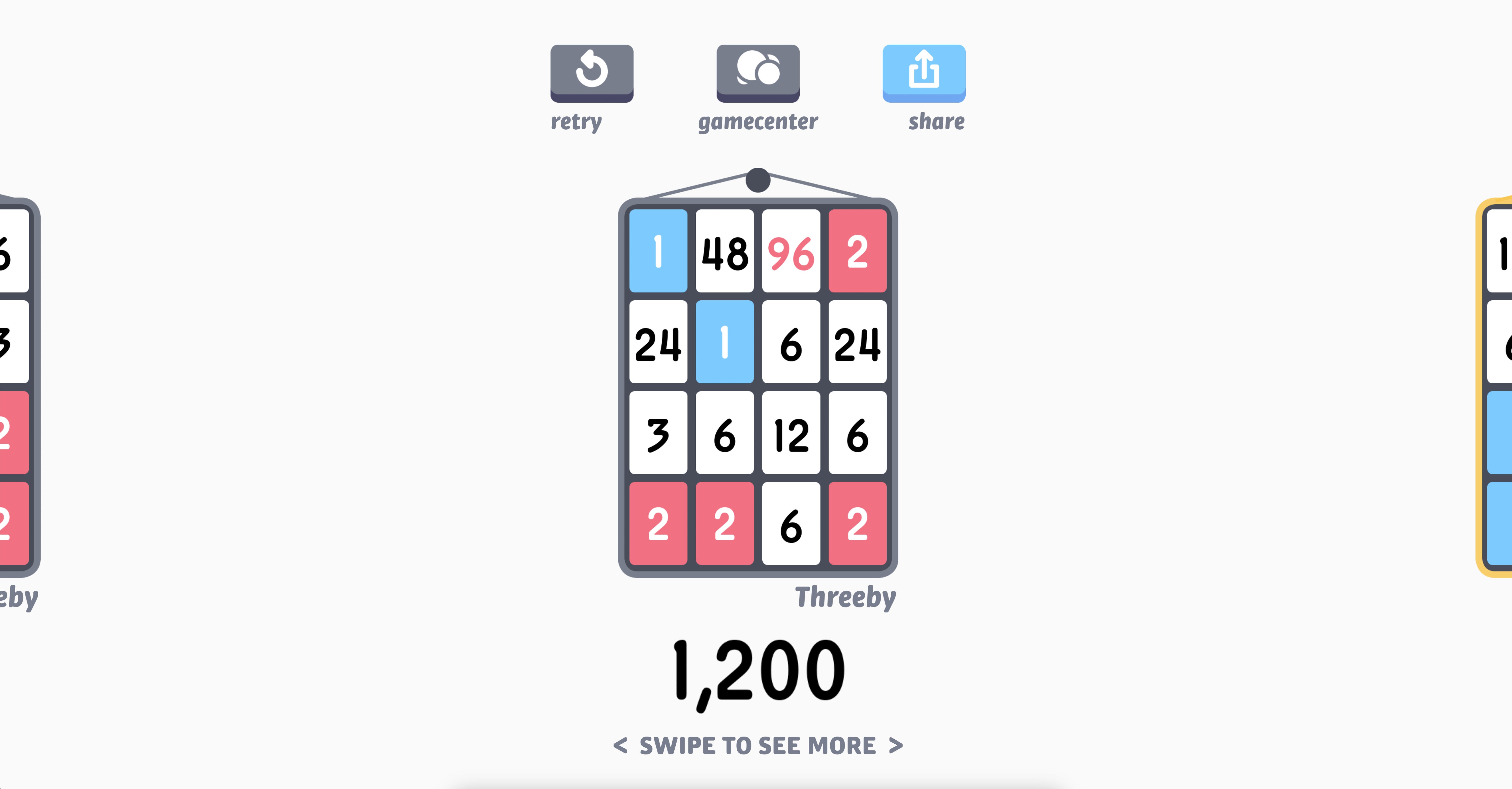 A screenshot from the Steam version of puzzle game Threes, showing a sliding grid of numbered tiles with a score at the bottom.