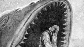 The jaws of a huge fish beast open around a downtrodden looking older gentleman, in an illustrated scene from Pinocchio