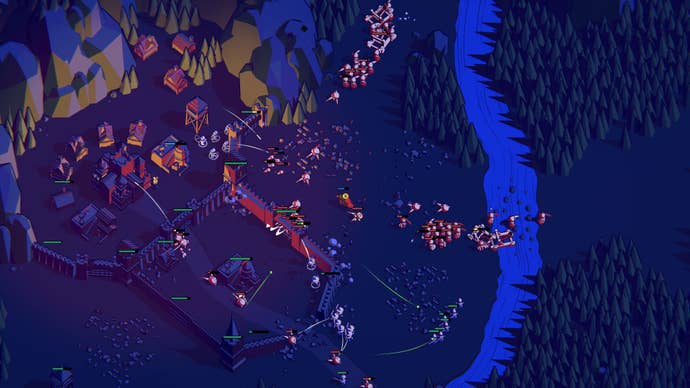 A settlement is under attack at night in Thronefall
