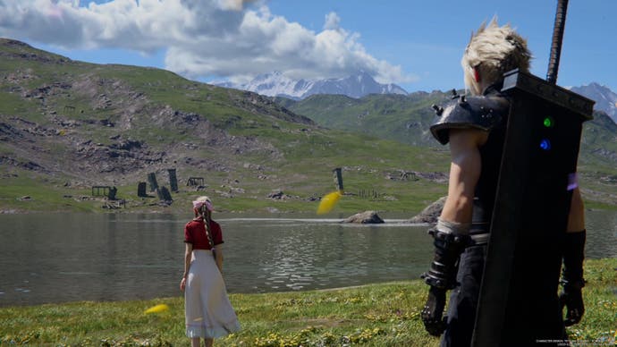 Final scene of Final Fantasy 7 Rebirth showing Cloud looking at Aerith who looks out over a green valley with lake