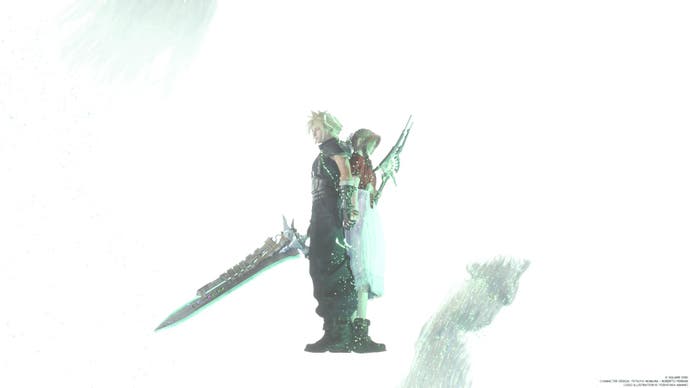 Cloud and Aerith stand back to back in white void with ghostly Whispers around them in Final Fantasy 7 Rebirth
