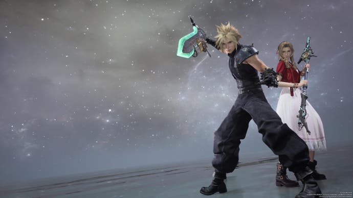 Cloud raises his sword to team up with Aerith and vast void of final battle in Final Fantasy 7 Rebirth