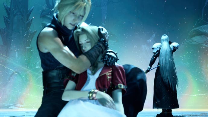 Cloud hugs a dying Aerith with Sephiroth's back in the background from Final Fantasy 7 Rebirth