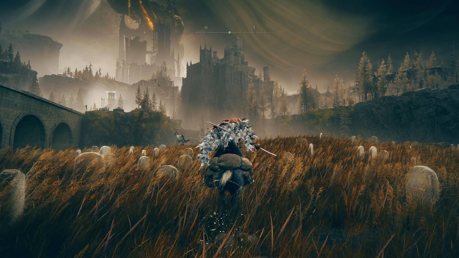 Elden Ring Shadow of the Erdtree screenshot showing mounted player character racing past ghostly graves with shadowy giant tree in the distance