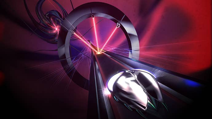 The little beetle in thumper speeding along a track into a red and purple void