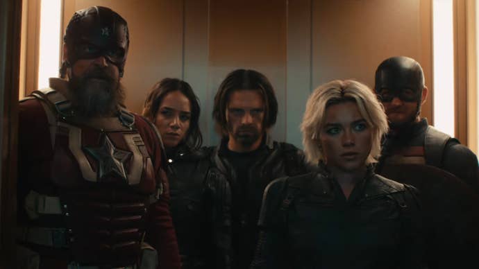 Some of the cast of Thunderbolts stood in an elevator, they all have a sour expression on their faces.