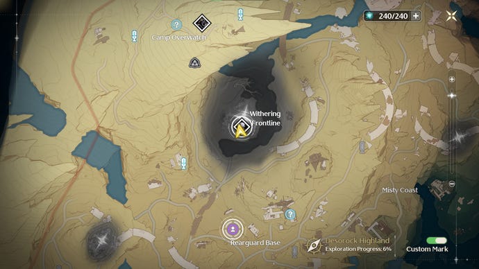 A screenshot from Wuthering Waves showing the Thundering Mephis' location on the map.