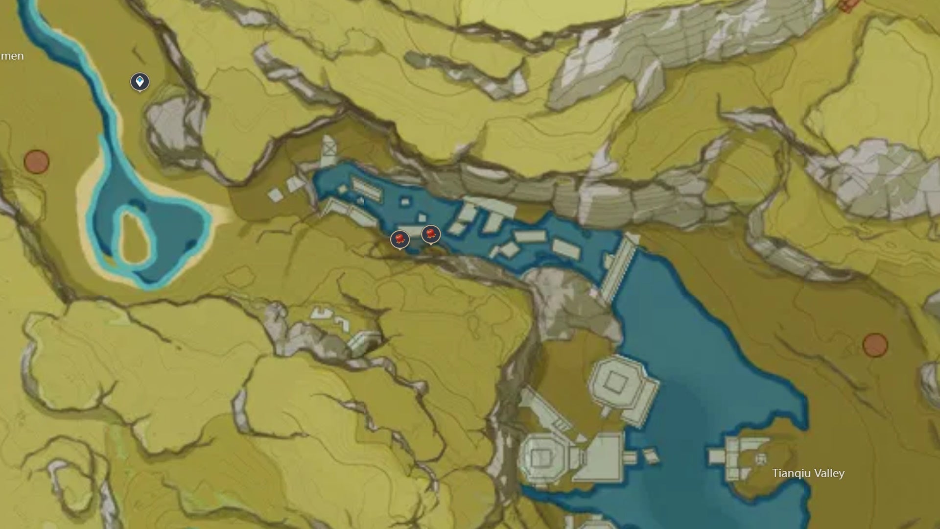 Genshin Impact Jueyun Chili locations: A map showing rivers and a valley, marking out juyun chili locations in tianqiu valley