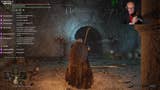 Streamer TiavioliGaming exploring a dungeon in Elden Ring, using a violin as the controller