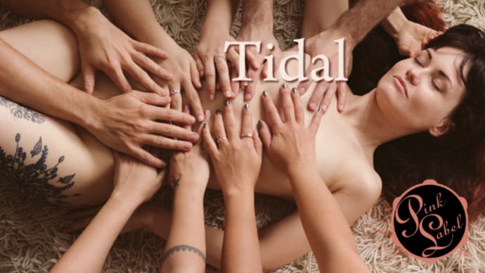 A promotional shot for the short film Tidal. Its title is superimposed over an image of a naked woman who looks serene as multiple hands caress her naked body.
