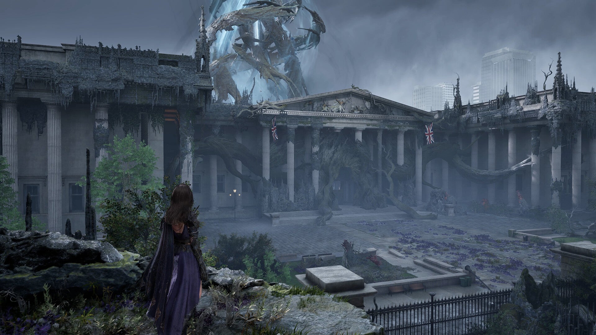 Tides of Annihilation official image showing the main character looking out over a ruined neo-classical building