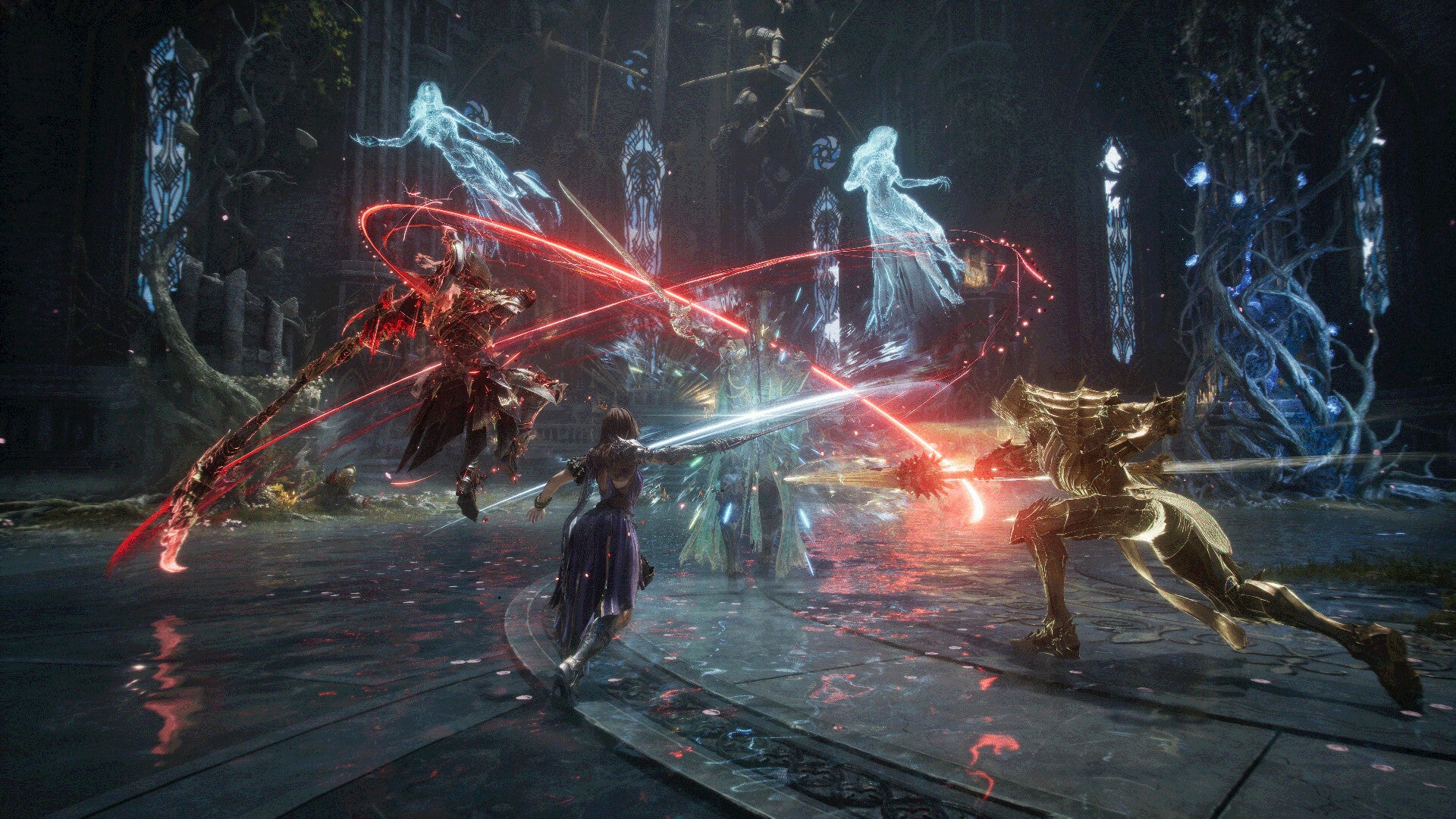 Tides of Annihilation official image showing combat, with red and blue effects and multiple characters in the fray
