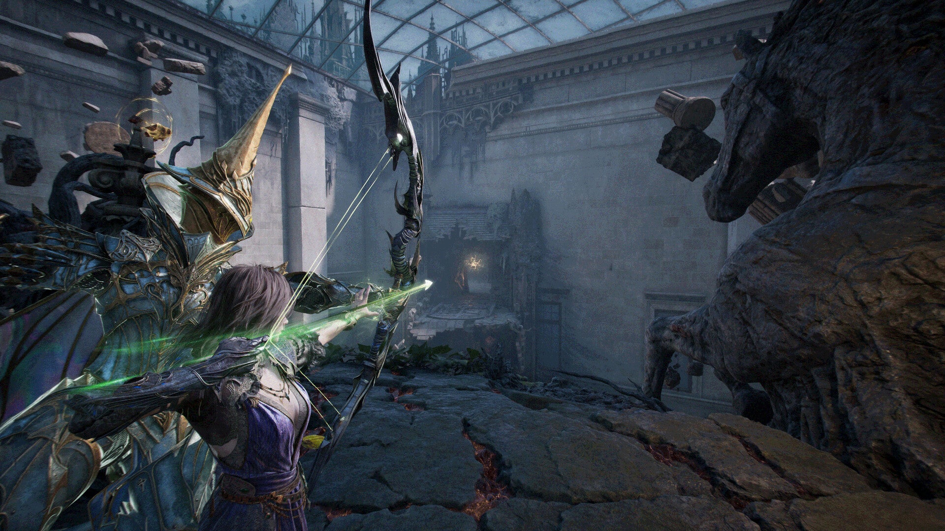 Tides of Annihilation official image showing the protagonist shooting an arrow at a distant glowing target to sovle an environmental puzzle