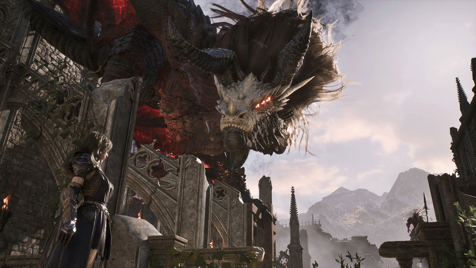 Tides of Annihilation official image showing the main character looking up at a huge dragon-like creature leaning over a cliff