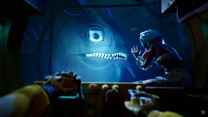The subordinate pilots a submarine arsenic a person looks retired a model into the wide oculus of a large, sharp-toothed fish.