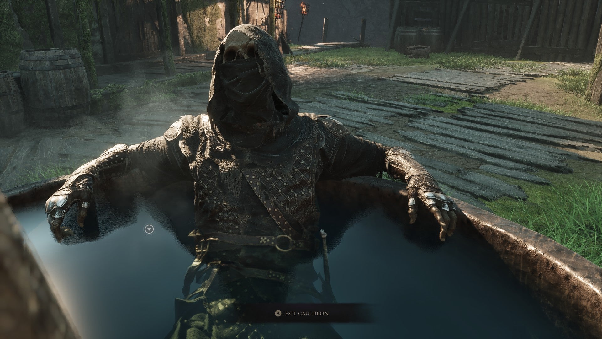 Tiel relaxes in Hilga's cauldron in Mortal Shell 2, looking very chill for a skeleton man.
