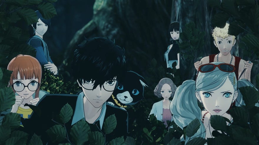 The Phantom Thieves hide in a bush in Persona 5 Strikers.