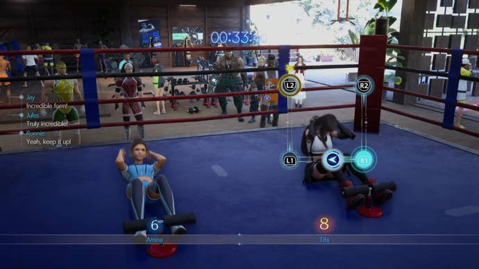 Tifa does crunches against an opponent in the Final Fantasy 7 Rebirth bodybuilding minigame.