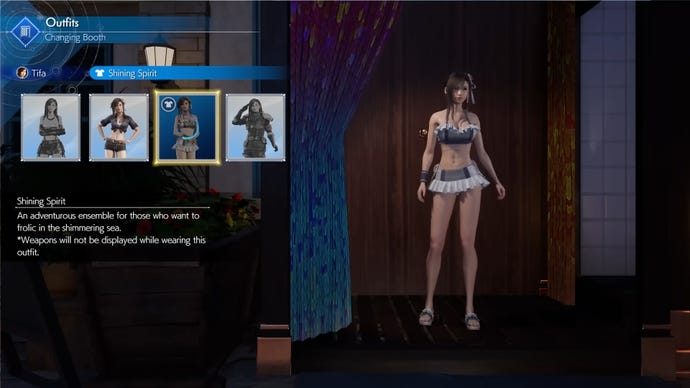 Tifa usa su traje de baño Shining Spirit en Final Fantasy 7 Rebirth.