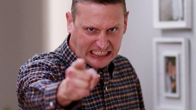Tim Robinson angrily pointing at the viewer in I Think You Should Leave.