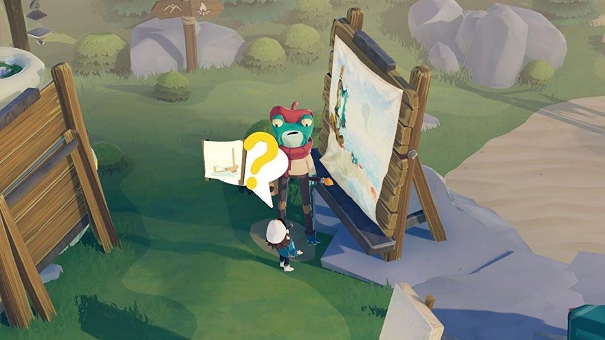 A close up of the player character in Time On Frog Island looking at a perturbed artist from