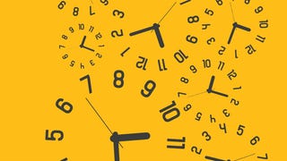 Clock faces spiral around each other on a yellow background in this illustration.