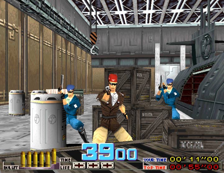 Time Crisis 1 screenshot showing soldiers hiding behind crates and barrels in a submarine dock, pointing guns at the screen