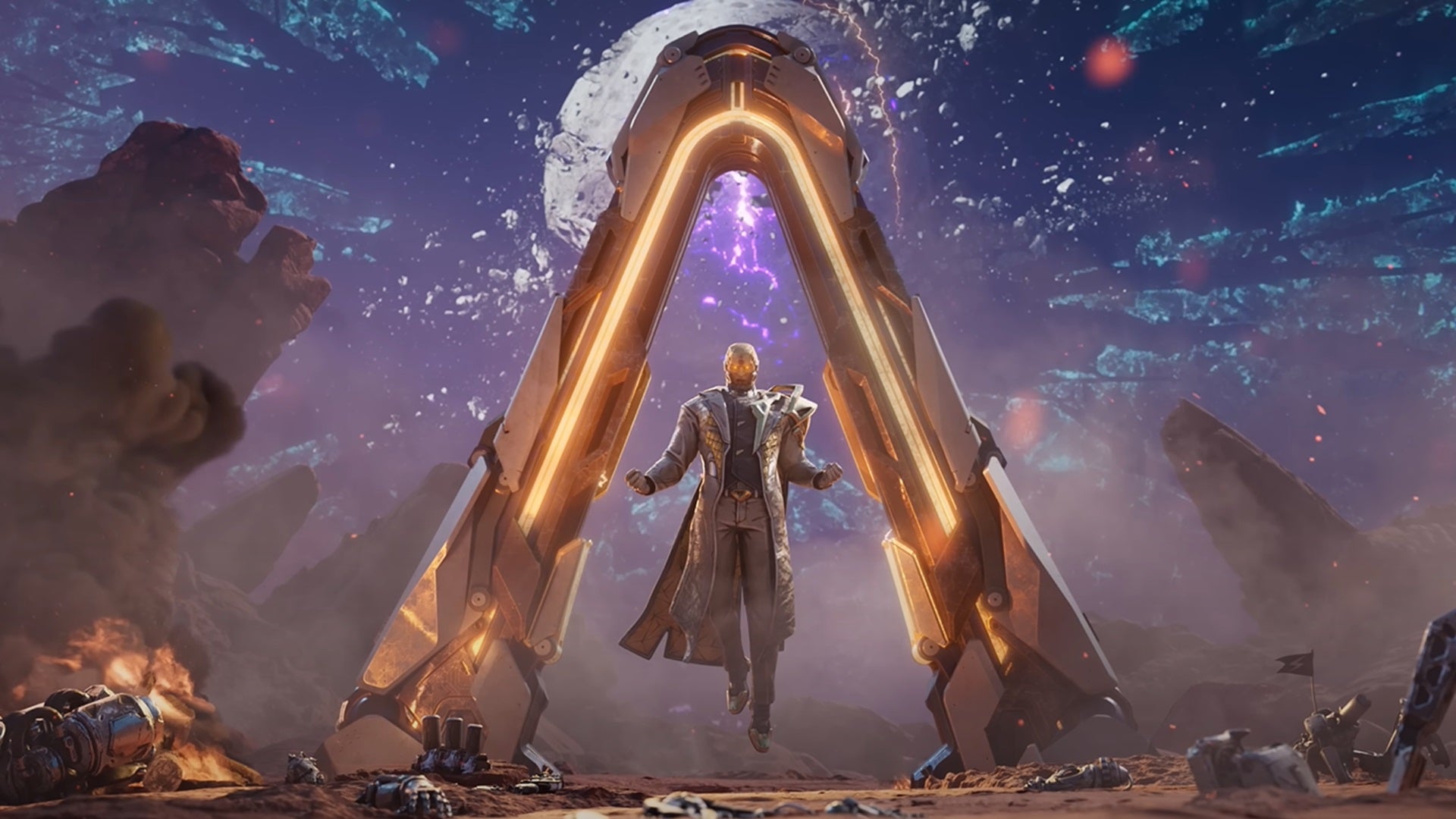 The Timekeeper, the new villain of Borderlands 4, stands ominously in front of a huge Vault opening. - 1
