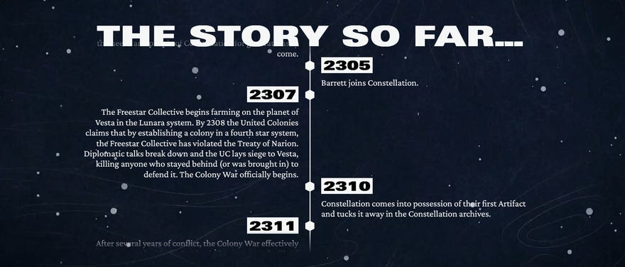 A screengrab of Bethesda's official Starfield timeline, showing the sections describing a war between the United Colonies and Freestar Collective factions.