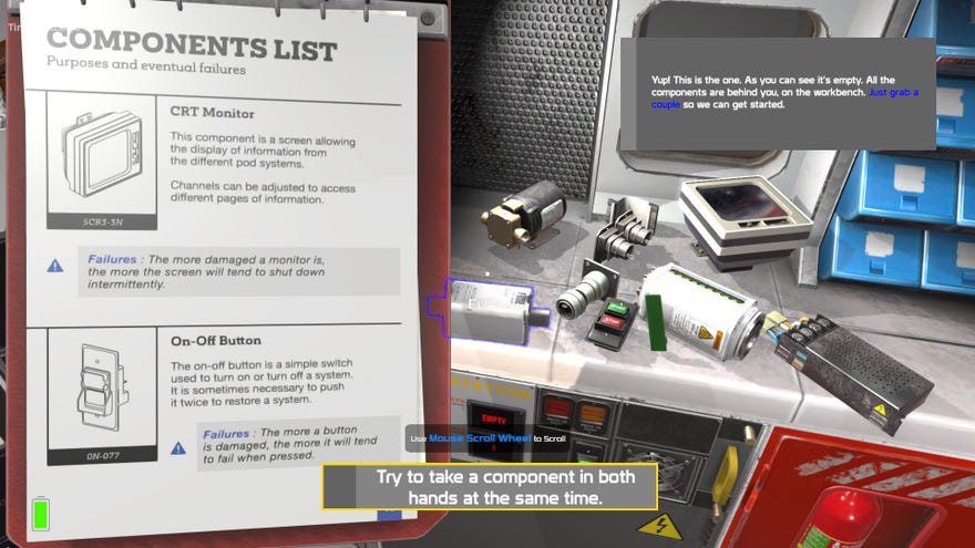 A bunch of electrical components lie on a bench as the player consults a clipboard.