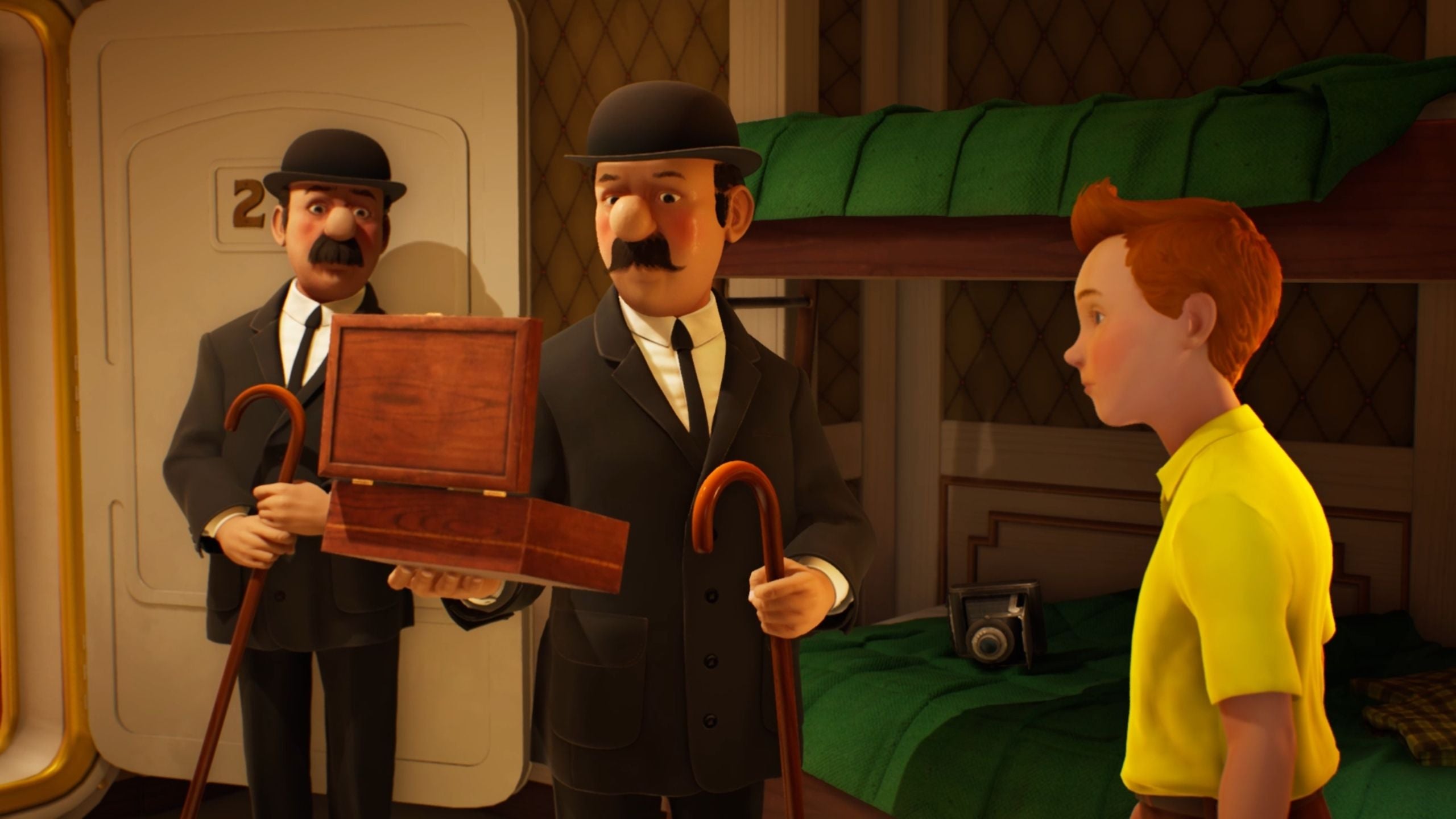 Two moustachioed men in bowler hats and suit and holding walking sticks, examine a small wooden case. A young person in a yellow shirt looks on. It&rsquo;s Tintin and the characters Thomson and Thompson.