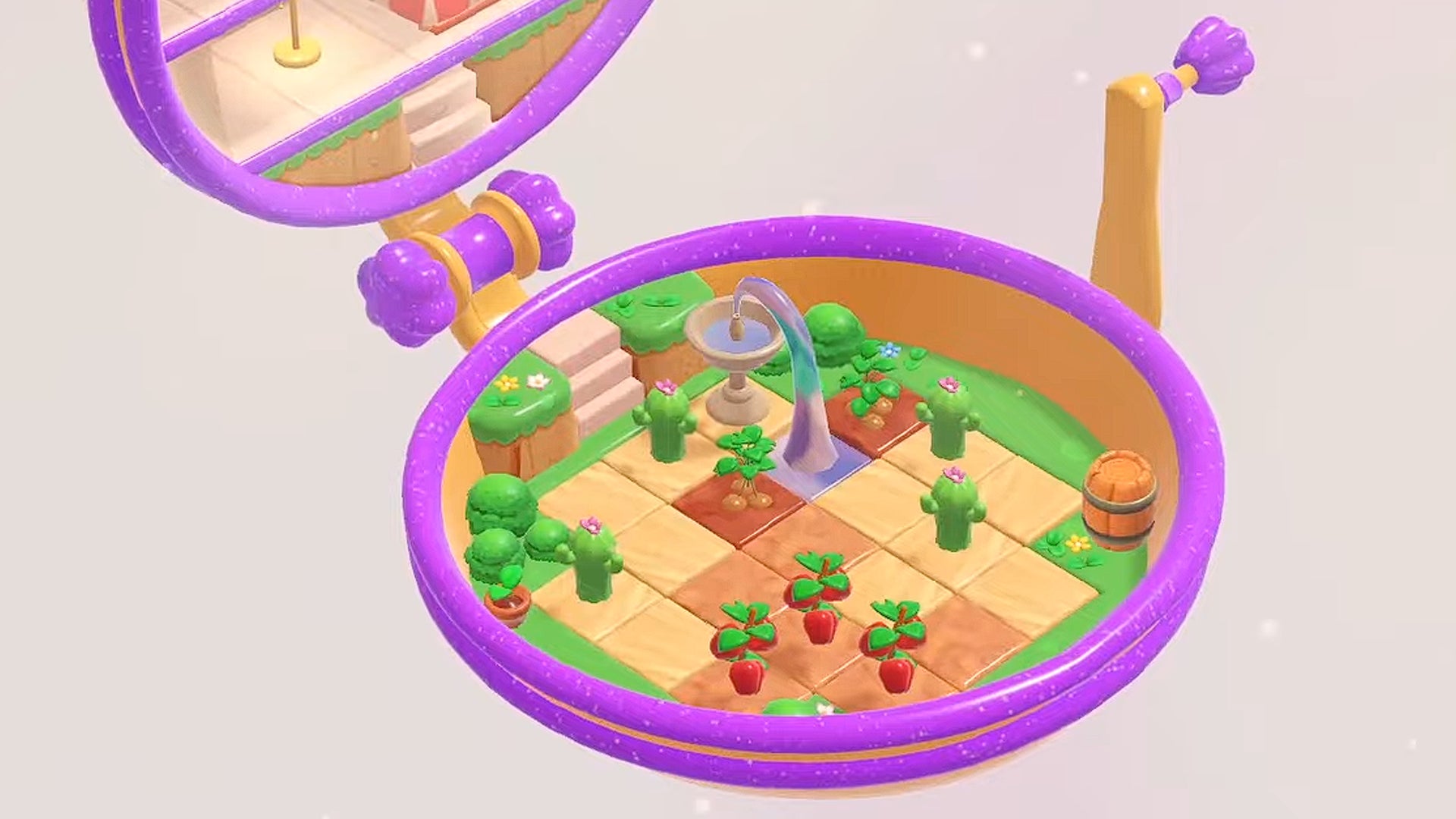 Plants and a fountain sit inside a Polly Pocket-like clamshell toy in cute farming sim game Tiny Garden - 1